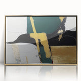Framed acrylic wall art featuring an abstract design of gold strokes and lines, showcasing a modern aesthetic perfect for contemporary home decor. The elegant piece adds a touch of sophistication to any room setting.
