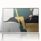 Framed acrylic wall art showcasing an abstract design with colorful strokes and lines, set against a white background, perfect for modern home decor.