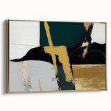 Framed canvas wall art showcasing an abstract design of gold and soft pastel strokes and lines, perfect for modern home decor. Ideal for adding elegance to any room.