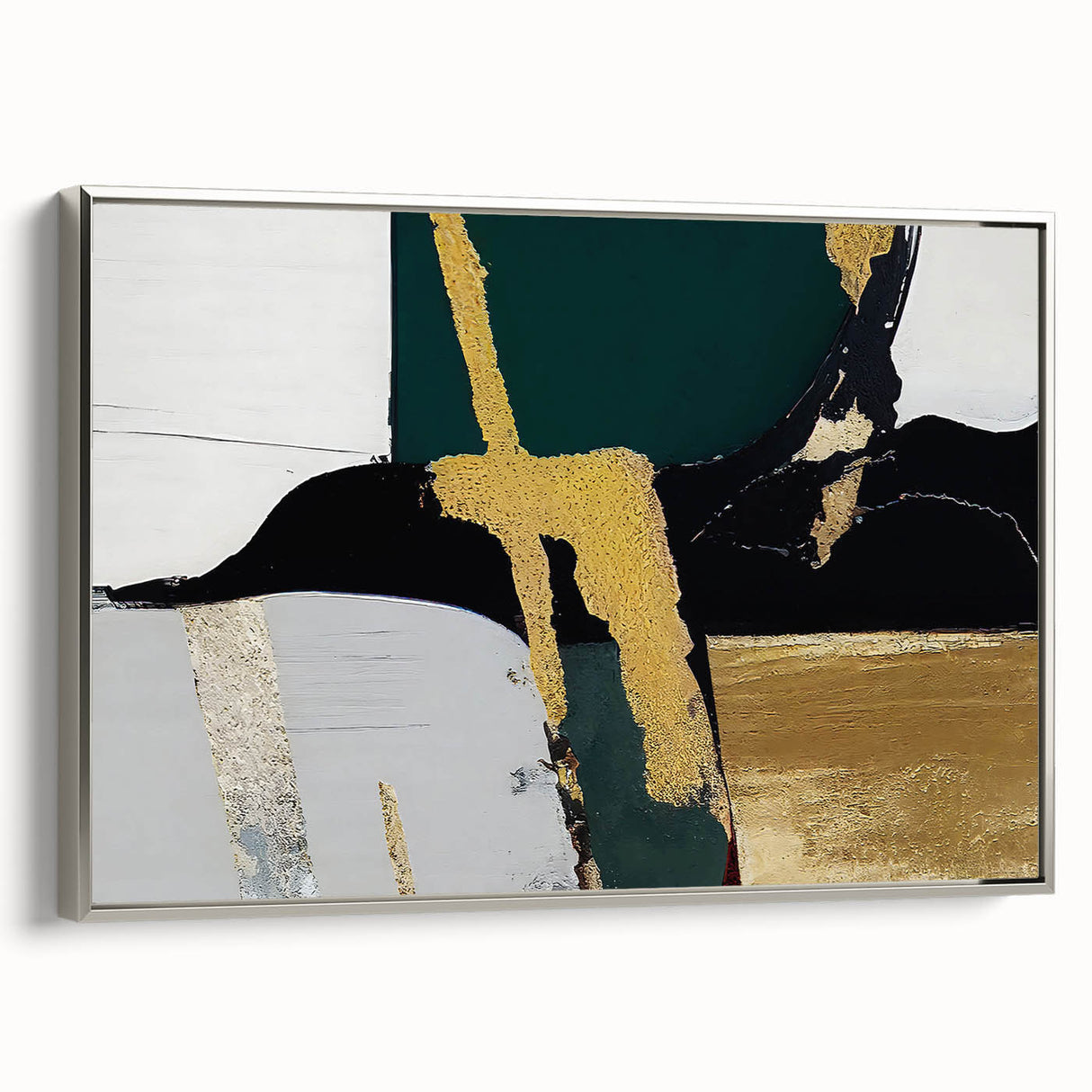 Framed canvas wall art showcasing an abstract strokes and lines design in silver tones, perfect for modern decor. Side view highlights the sleek frame.