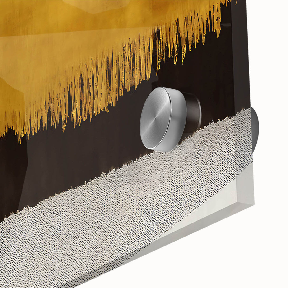 Close-up of abstract wall art showcasing vibrant strokes and lines in bold colors. The design features an acrylic glass finish, enhancing its visual appeal and depth. Ideal for modern decor, this artwork adds a dynamic touch to any space.