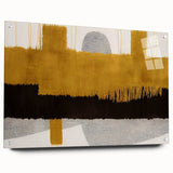 Abstract wall art design featuring vibrant strokes and lines in shades of blue, orange, and yellow, displayed from a side view with acrylic glass and pins for support. This modern artwork enhances contemporary decor, perfect for adding a pop of color to any space.
