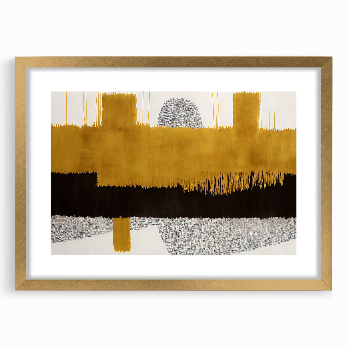 Abstract strokes and lines design wall art framed in gold, showcasing a modern aesthetic. Perfect for contemporary home decor, adding elegance and style.