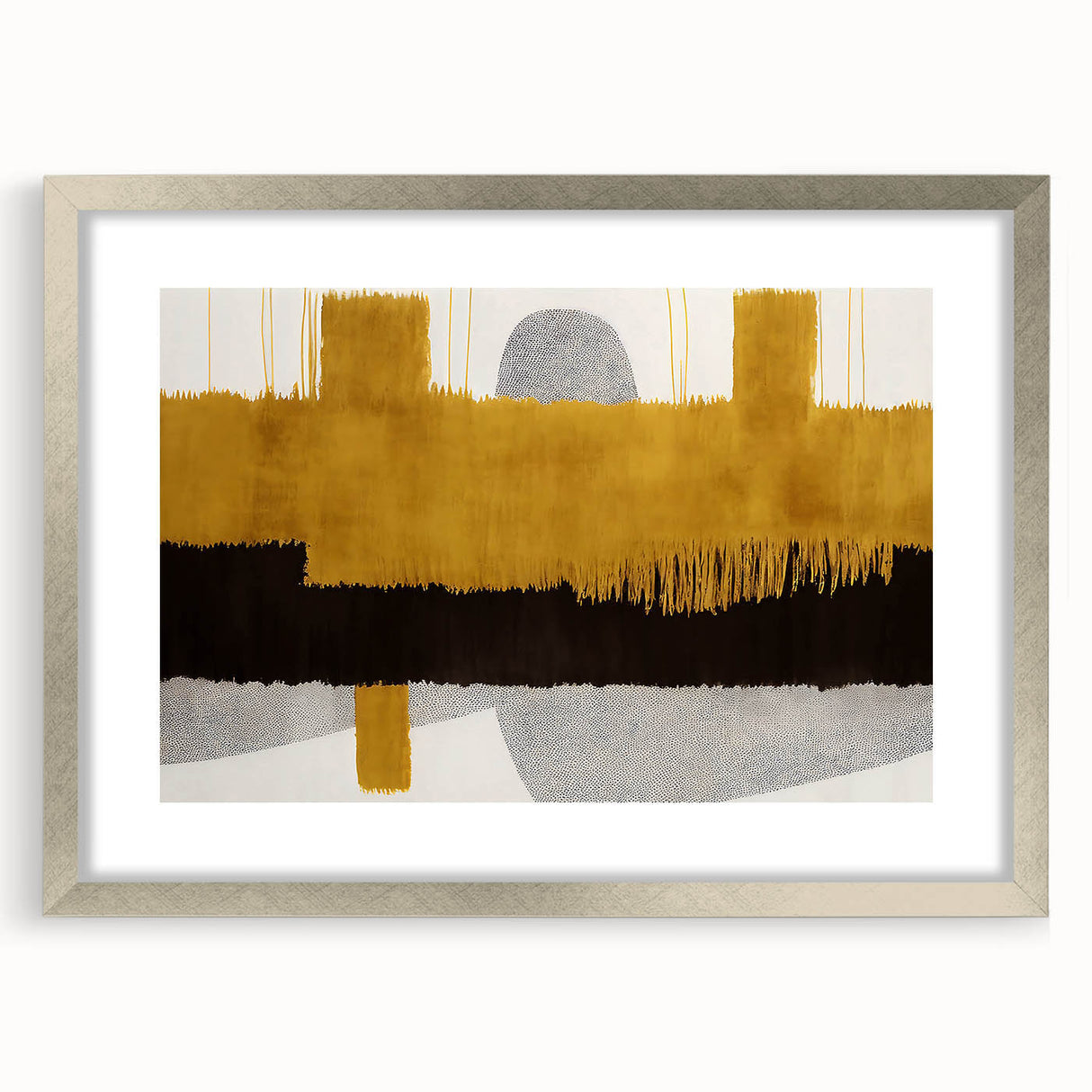 Abstract wall art featuring dynamic strokes and lines in shades of gray and white, framed with a sleek silver mat, showcasing modern design aesthetics suitable for contemporary decor.
