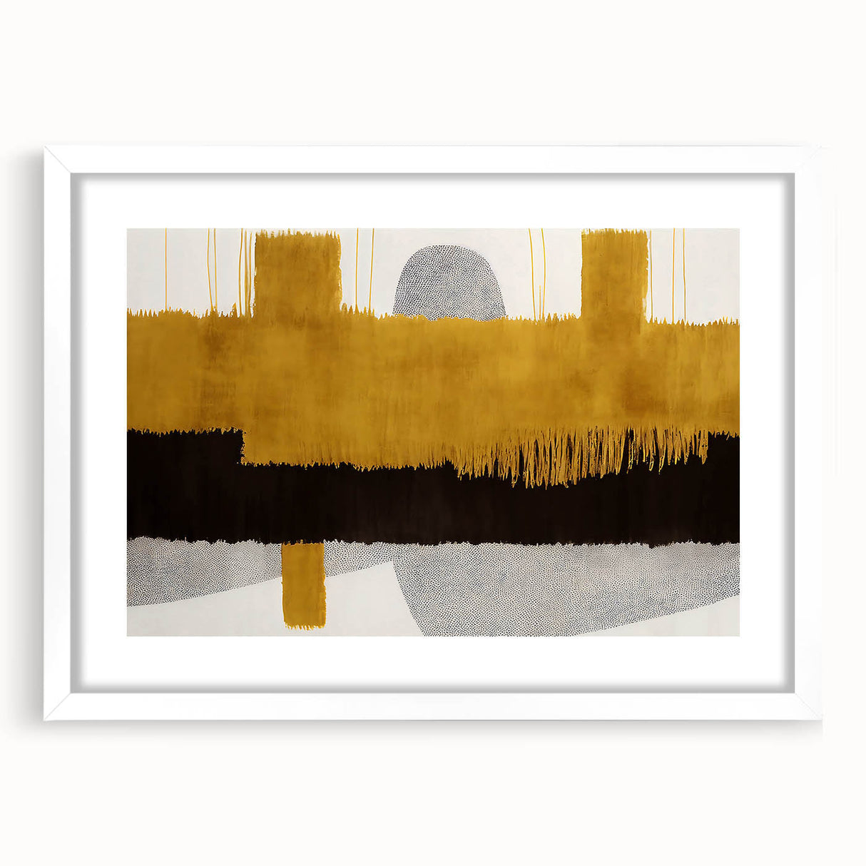 Abstract wall art featuring dynamic strokes and lines in earthy tones, framed with a white mat, enhancing modern home decor aesthetics while adding artistic flair.