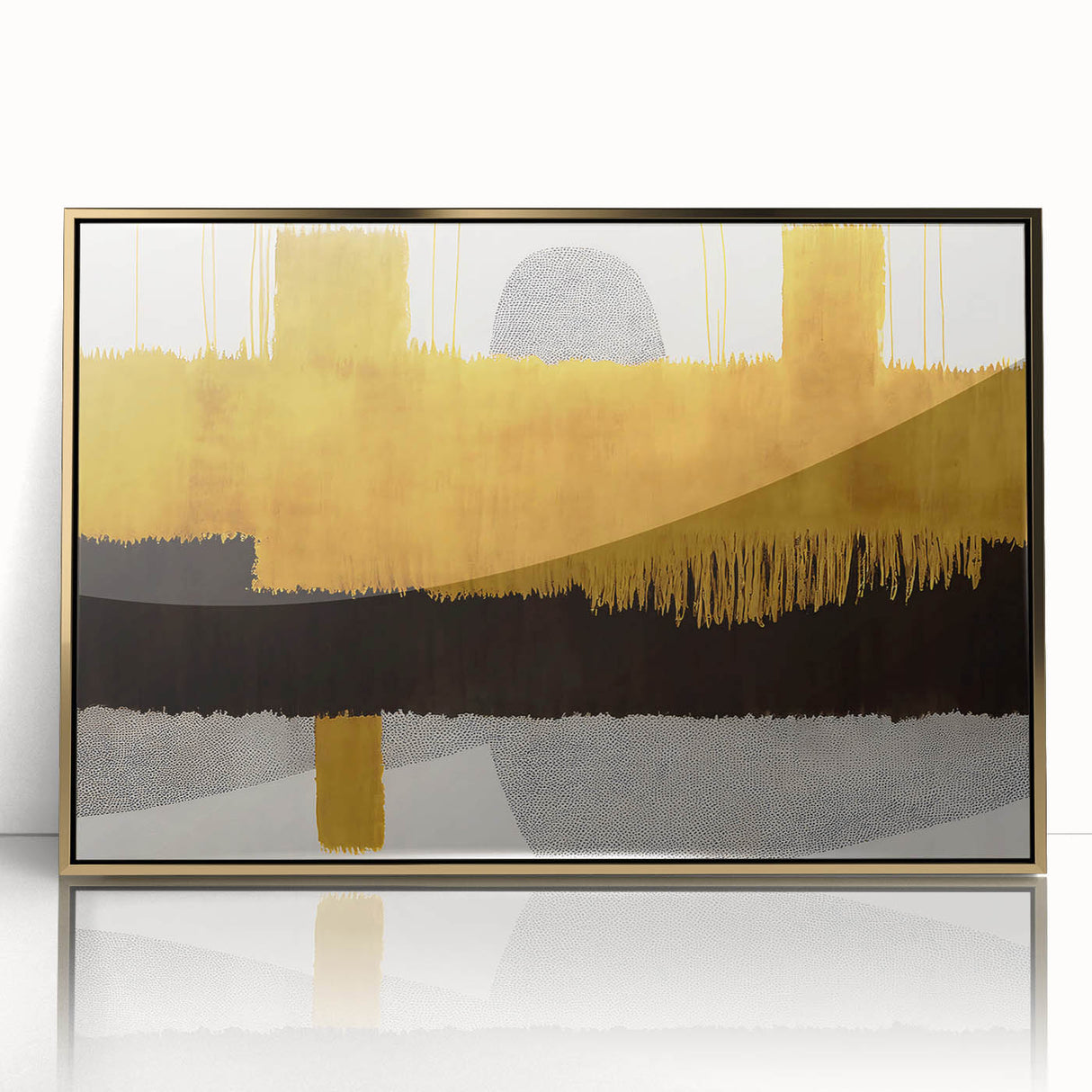 Framed wall art featuring an abstract design of gold strokes and lines on a sleek acrylic surface, perfect for modern decor and enhancing interior aesthetics.