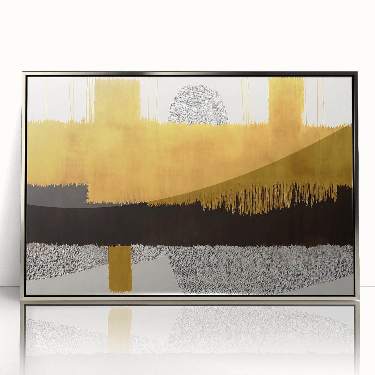 Framed wall art featuring an abstract design of colorful strokes and lines with a sleek silver frame, perfect for modern home decor and artistic enhancement.