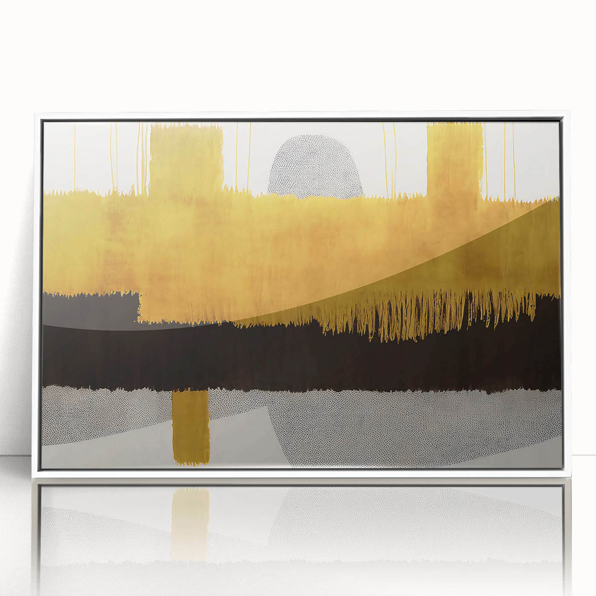 Framed abstract wall art featuring dynamic strokes and lines in shades of blue and gold against a white background, perfect for modern home decor and interior design.