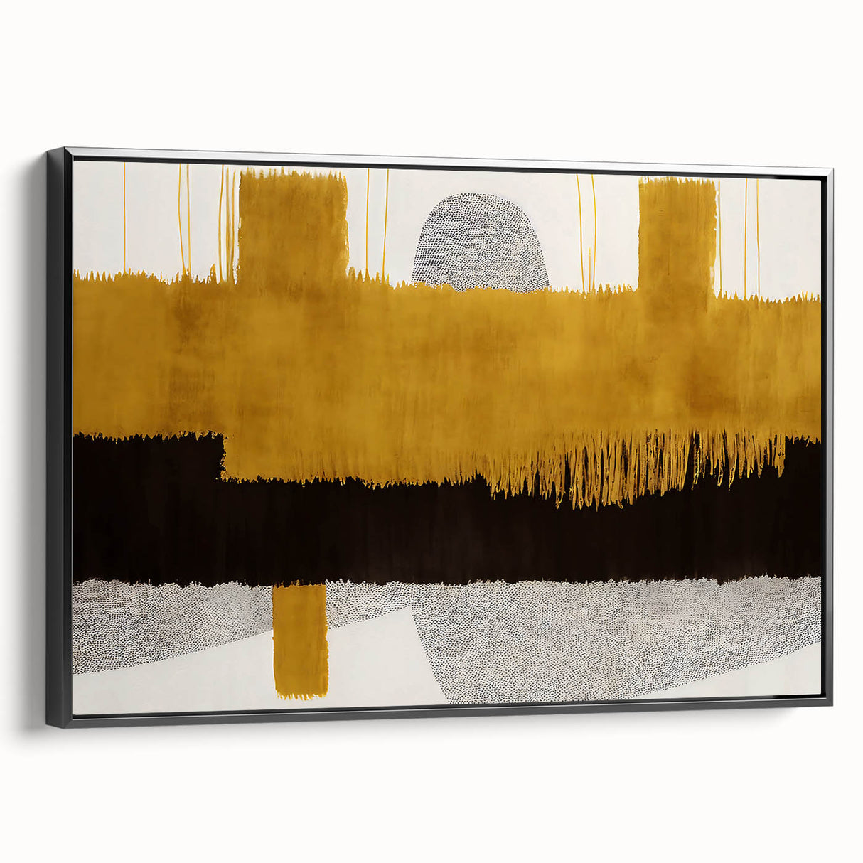 Framed canvas wall art showcasing an abstract design of colorful strokes and lines, presented in a sleek black frame, ideal for modern home decor.