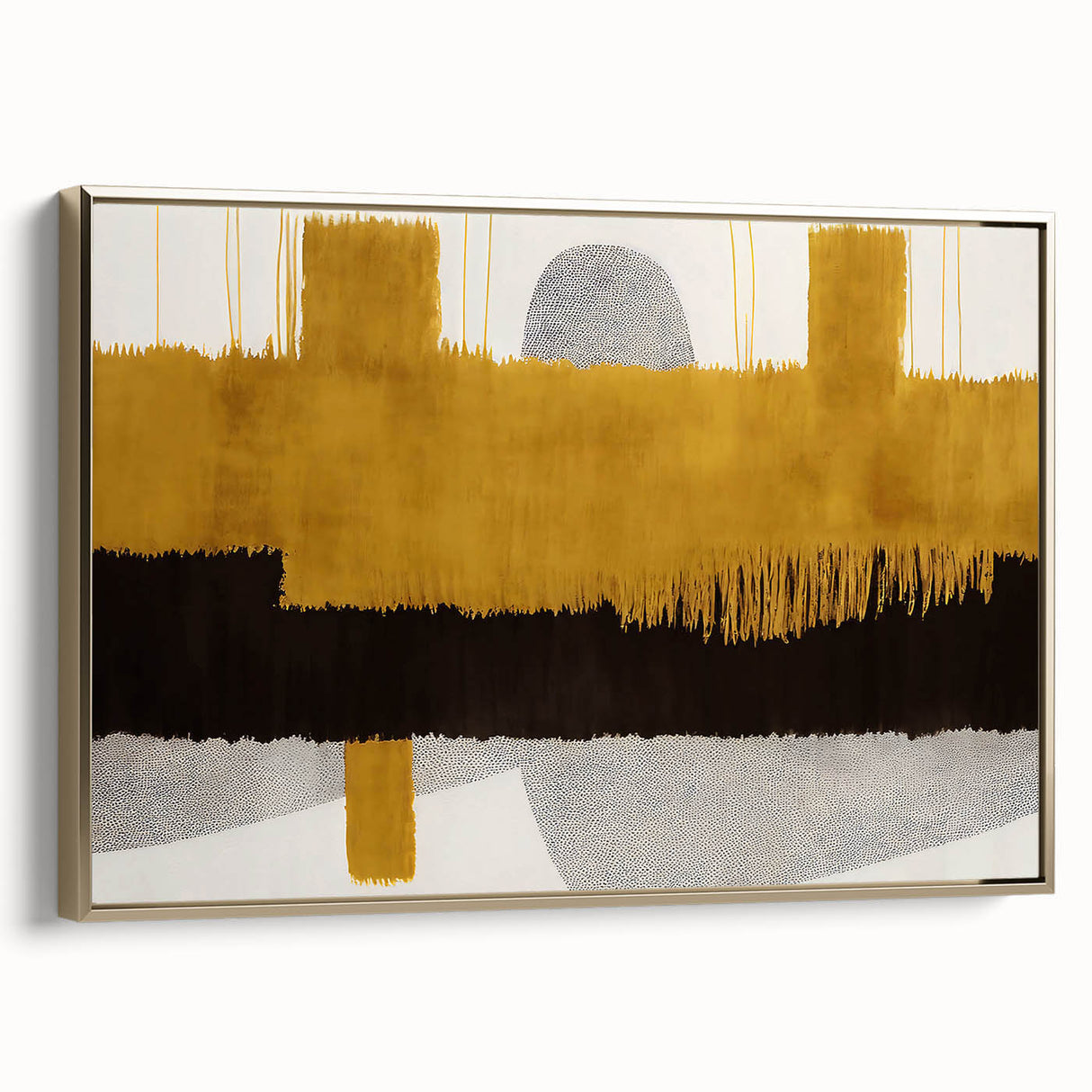 Framed canvas artwork featuring an abstract design of strokes and lines in gold tones, showcasing modern elegance for home decor. Ideal for contemporary interiors.
