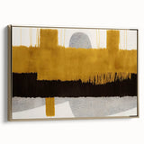 Framed canvas artwork featuring an abstract design of strokes and lines in gold tones, showcasing modern elegance for home decor. Ideal for contemporary interiors.