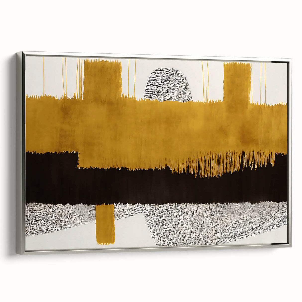 Framed canvas wall art showcasing an abstract design of colorful strokes and lines, featuring a sleek silver frame, ideal for modern home decor.