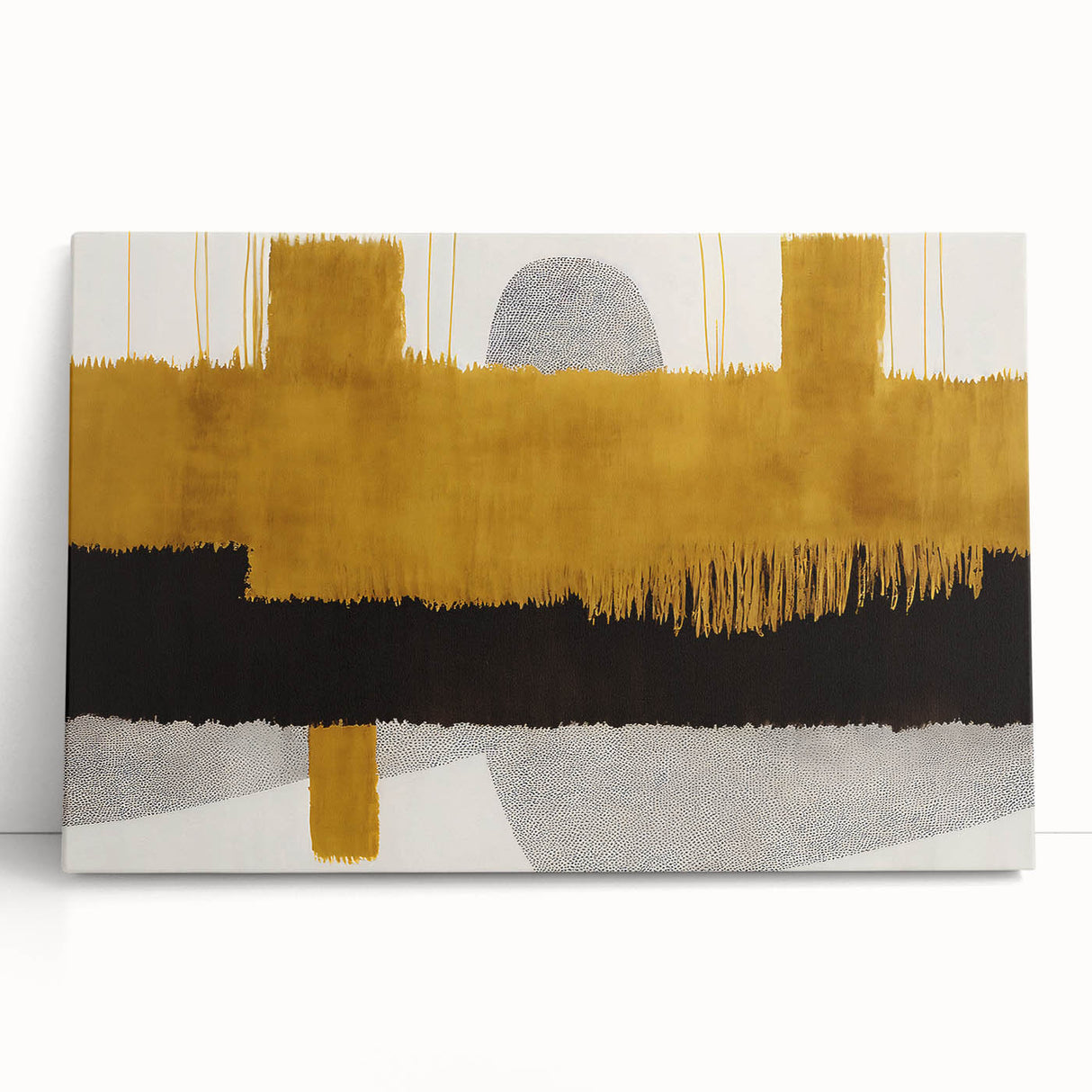 Abstract strokes and lines design on stretched canvas wall art, featuring a modern color palette of blues, greens, and golds, perfect for contemporary home decor.