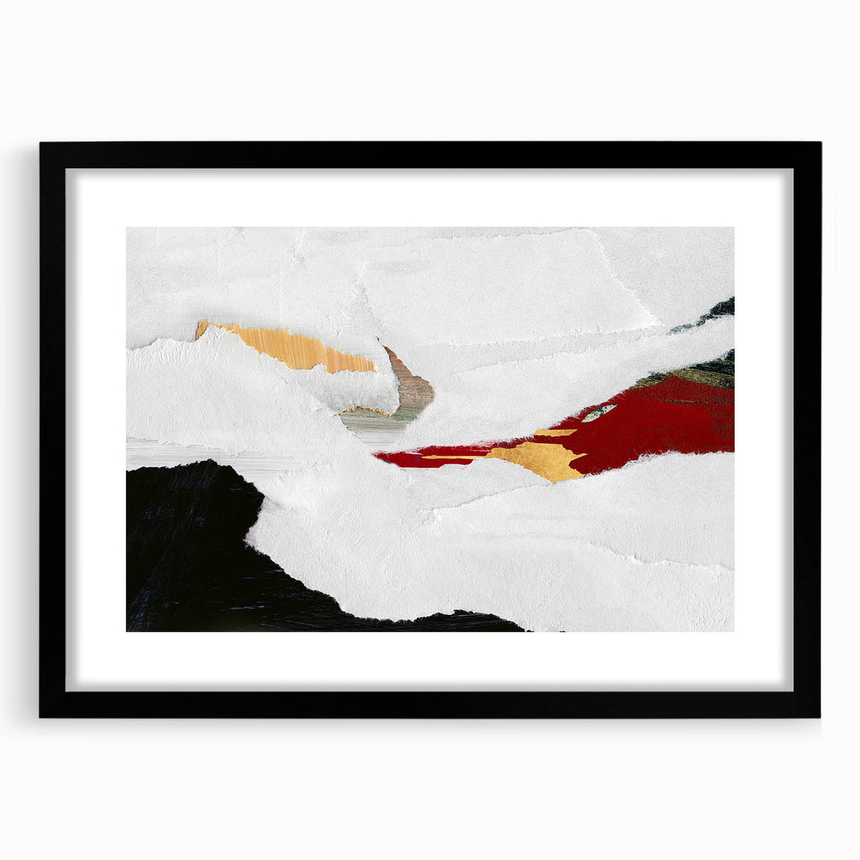 Abstract wall art featuring a modern design of colorful strokes and lines in a black frame with matting, perfect for contemporary decor.