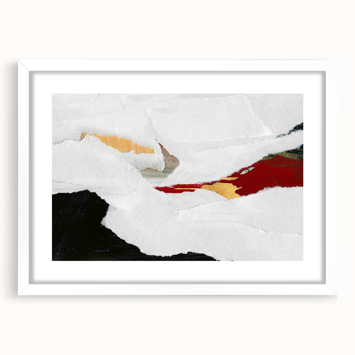 Abstract wall art print showcasing a modern design of colorful strokes and lines, framed in a white mat, perfect for contemporary decor.