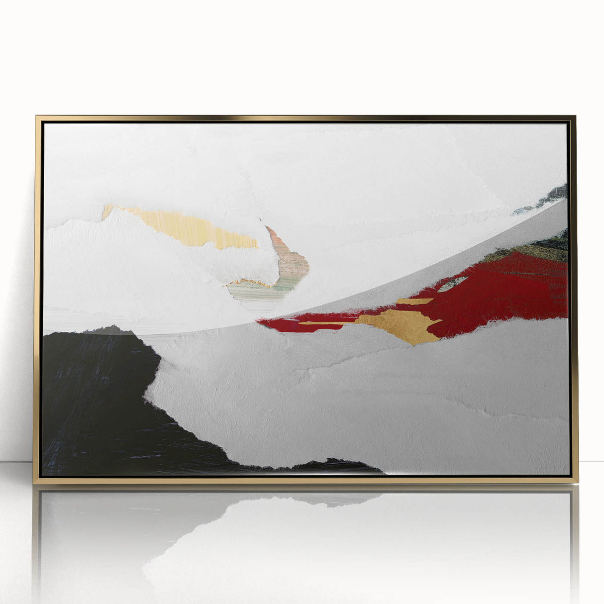 Framed abstract wall art featuring gold-accented strokes and lines on a textured background, perfect for modern home decor.