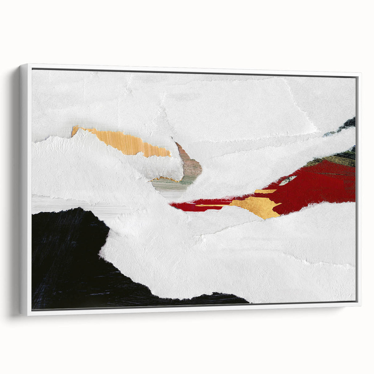 Framed wall art featuring an abstract design of colorful strokes and lines, showcased in a sleek white frame with a side view perspective.