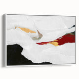 Framed wall art featuring an abstract design of colorful strokes and lines, showcased in a sleek white frame with a side view perspective.