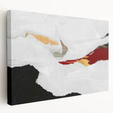 Abstract wall art design showcasing vibrant strokes and lines in bold colors on a stretched canvas, side view highlighting depth and texture.