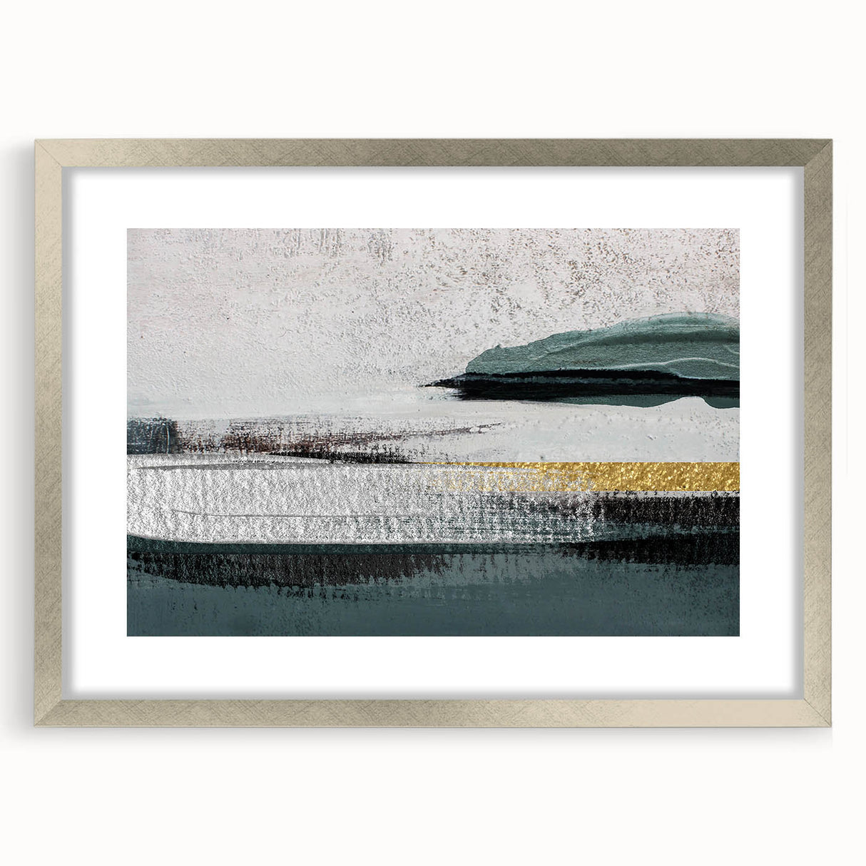 Abstract wall art featuring dynamic strokes and lines in a silver frame with a mat, showcasing a modern design ideal for contemporary home decor.