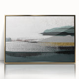 Framed wall art featuring an abstract design of gold strokes and lines, showcasing a modern aesthetic with a sleek acrylic finish, perfect for contemporary decor.