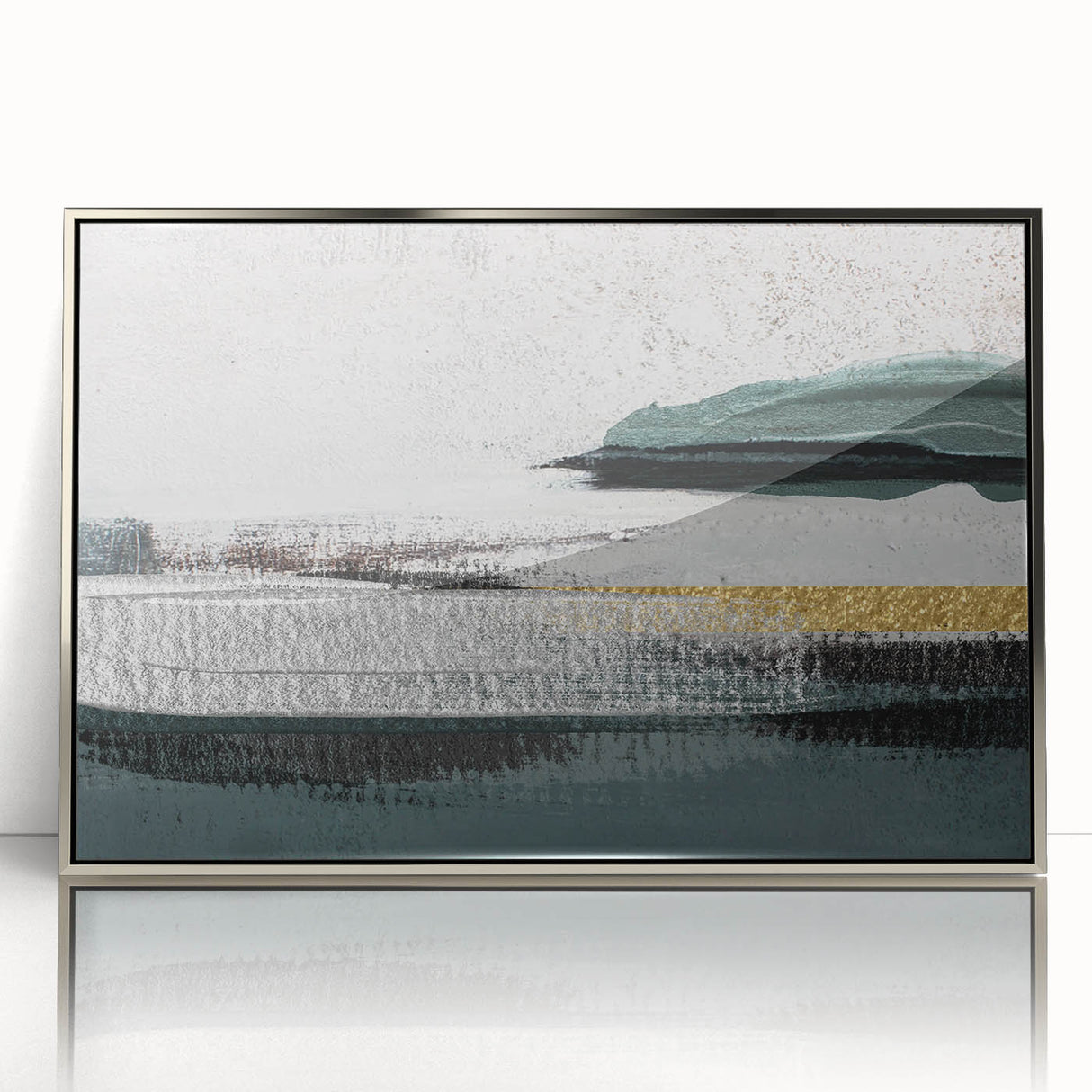 Framed wall art featuring an abstract design of colorful strokes and lines in silver, perfect for modern decor. This piece adds a contemporary touch to any space.