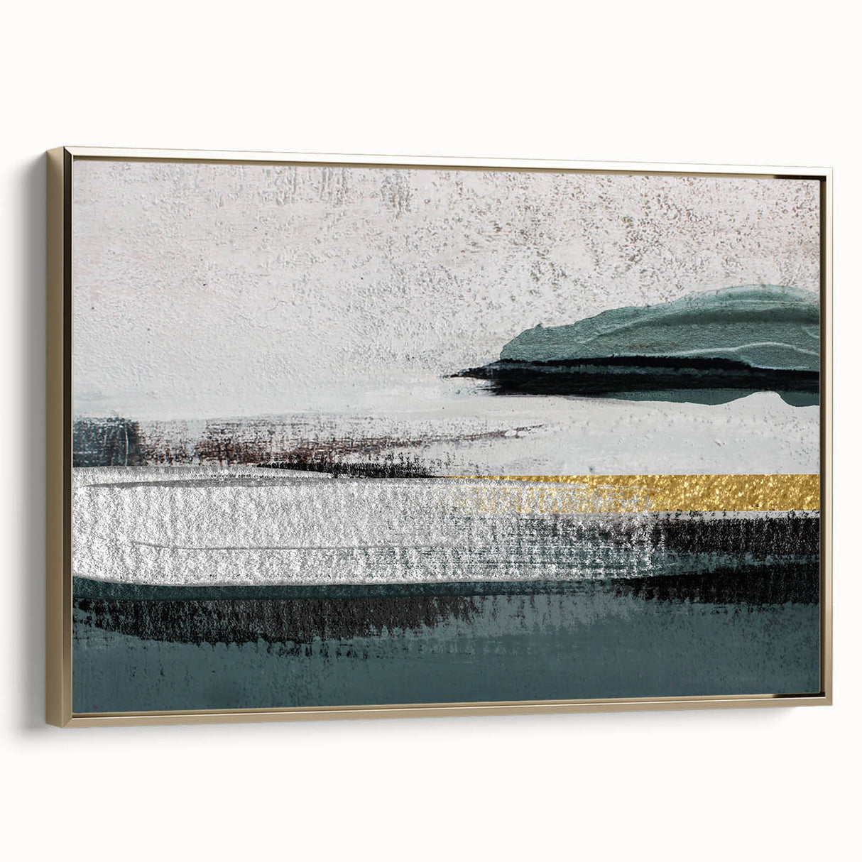 Framed canvas wall art showcasing an abstract design with golden strokes and lines, elegantly displayed to highlight its contemporary aesthetic and texture. Perfect for modern decor.