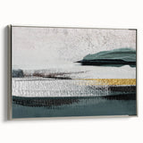 Framed wall art featuring an abstract design of strokes and lines in shades of blue and gold, elegantly displayed from a side view with a sleek silver frame.