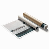 Abstract wall art print showcasing vibrant strokes and lines in shades of blue, orange, and yellow, perfect for modern home decor. The design adds a dynamic touch to any space.