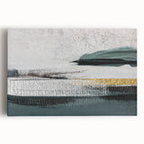 Abstract wall art featuring vibrant strokes and lines in shades of blue, orange, and yellow, designed for modern decor, displayed on stretched canvas.