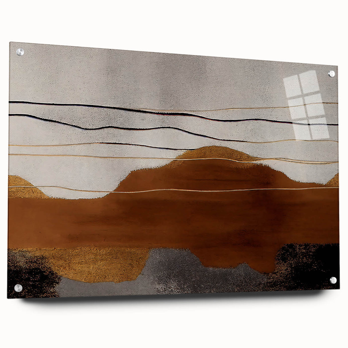 Abstract art wall decor featuring colorful strokes and lines on acrylic glass, showcasing a modern design with a side view and visible mounting pins, ideal for contemporary interiors.