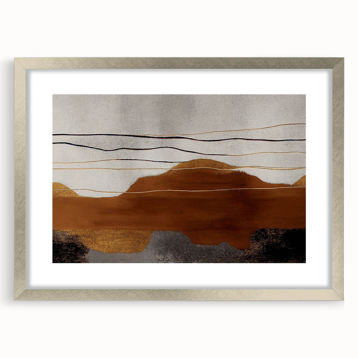 Abstract wall art featuring a modern design of colorful strokes and lines, framed with a silver mat, perfect for enhancing contemporary decor.