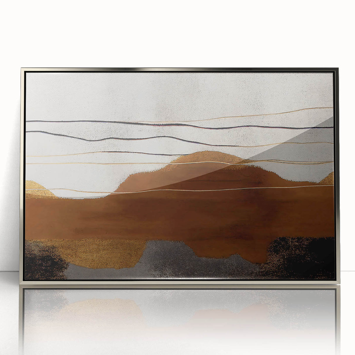Framed acrylic wall art showcasing an abstract design of colorful strokes and lines, featuring a silver frame that enhances the modern aesthetic, perfect for contemporary decor.