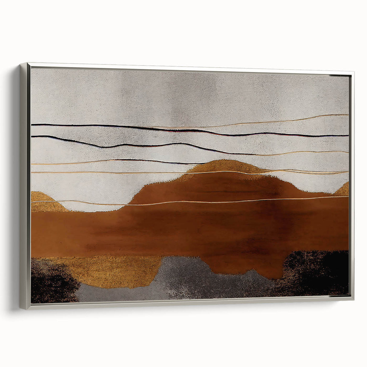 Framed canvas wall art featuring an abstract design with strokes and lines in shades of silver and gray, perfect for modern home decor. Side view showcases the sleek frame and artistic composition, enhancing any living space ambiance.