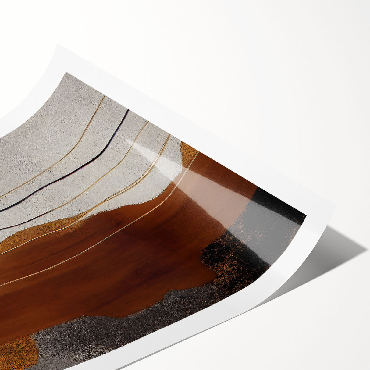 Abstract wall art print showcasing vibrant strokes and lines in hues of blue, orange, and gold, designed for modern decor, rolled for easy framing.