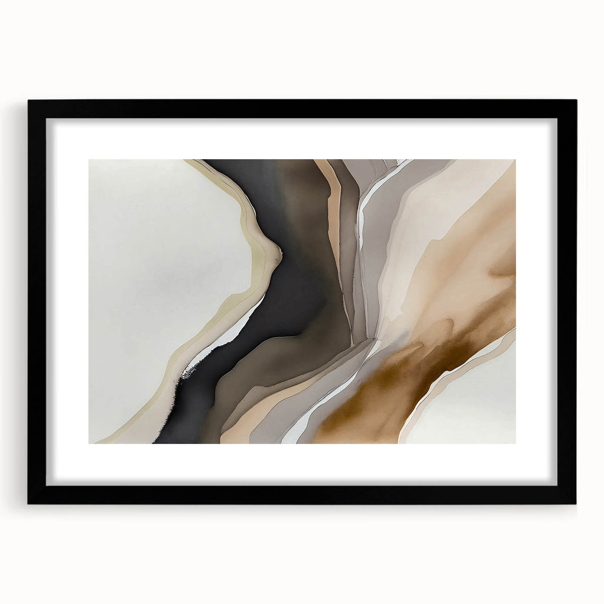 Abstract wall art featuring a dynamic design of colorful strokes and lines in a sleek black frame with a mat, ideal for modern home decor.