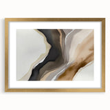 Abstract wall art featuring elegant strokes and lines in muted tones of blue, gold, and white, framed with a gold mat, perfect for modern decor.
