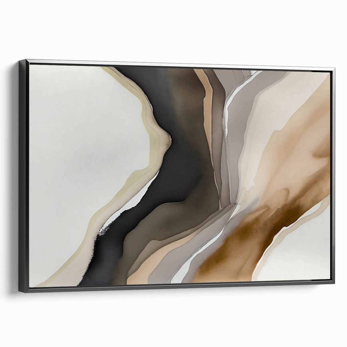 Framed canvas wall art showcasing an abstract design with flowing black strokes and lines on a textured surface, ideal for modern home decor.