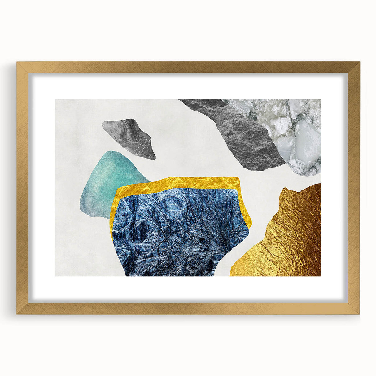 Abstract wall art featuring dynamic strokes and lines in gold and neutral tones, elegantly framed with a mat, perfect for modern interior decor.
