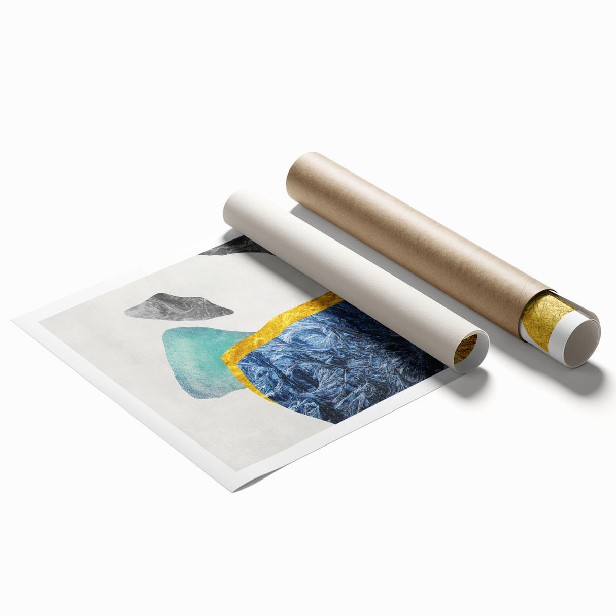 Abstract wall art print showcasing vibrant strokes and lines in a blend of blue, gold, and white hues, perfect for modern home decor. Ideal for enhancing living spaces with a contemporary aesthetic.