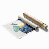 Abstract wall art print showcasing vibrant strokes and lines in a blend of blue, gold, and white hues, perfect for modern home decor. Ideal for enhancing living spaces with a contemporary aesthetic.