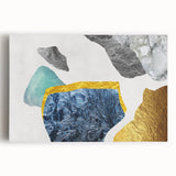 Abstract strokes and lines design in vibrant colors on a stretched canvas, showcasing a modern artistic wall art collection. Ideal for enhancing contemporary decor.