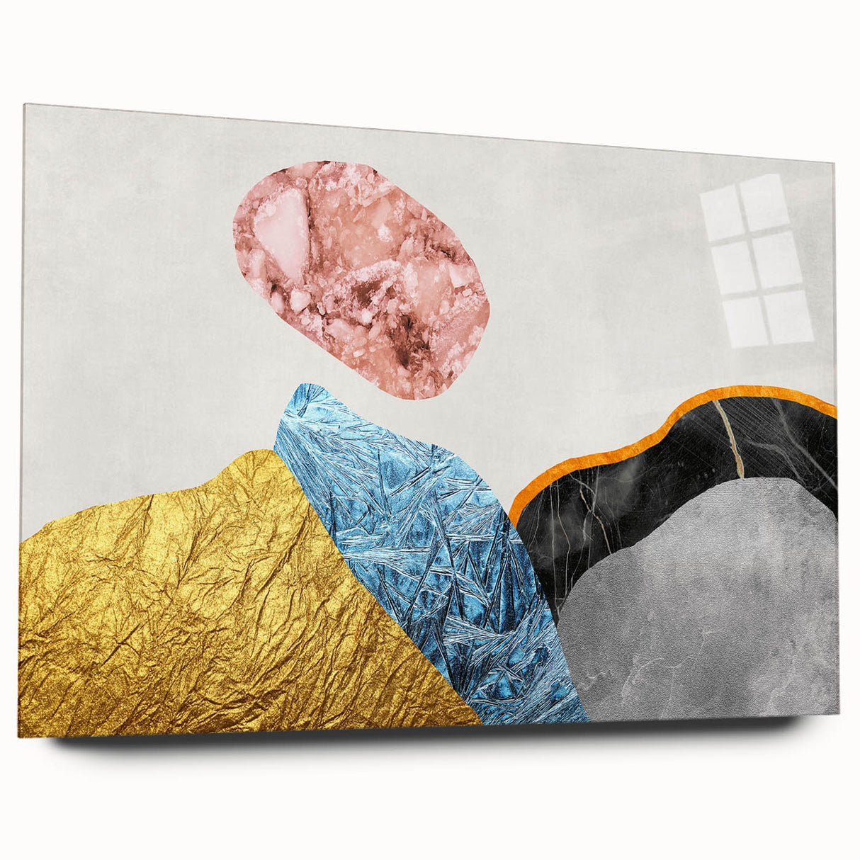 Abstract strokes and lines wall art design displayed in a sleek acrylic glass frame, showcasing vibrant colors and modern aesthetics, perfect for contemporary decor.
