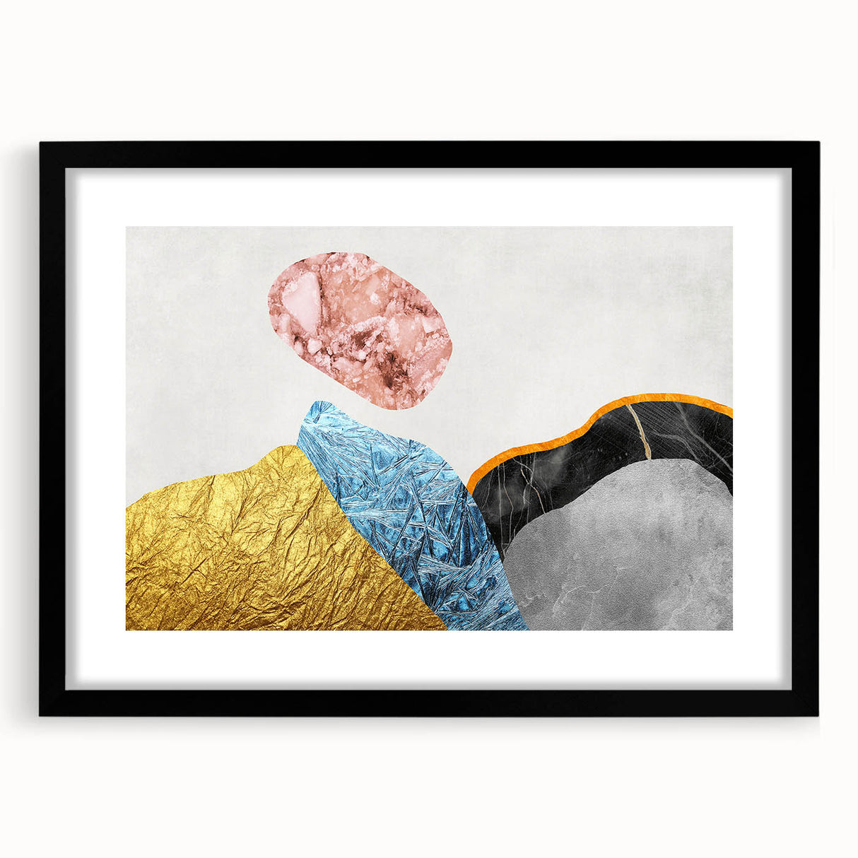Abstract wall art featuring a modern design of strokes and lines in muted colors, framed with a black mat, showcasing a contemporary aesthetic ideal for home decor.