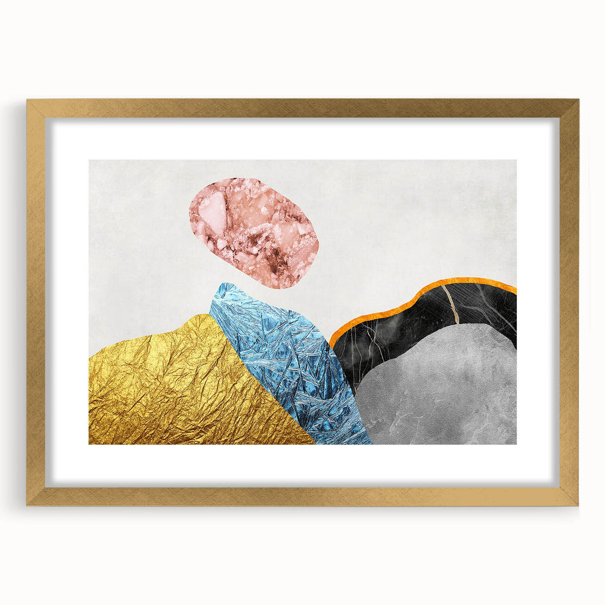 Abstract strokes and lines in a gold-framed wall art piece, showcasing a modern design with a mat. Ideal for contemporary decor, adding elegance to any space.