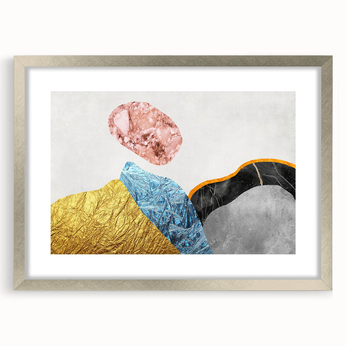 Abstract wall art featuring dynamic strokes and lines in a silver frame with a mat, ideal for modern decor and artistic interiors, showcasing elegant design.