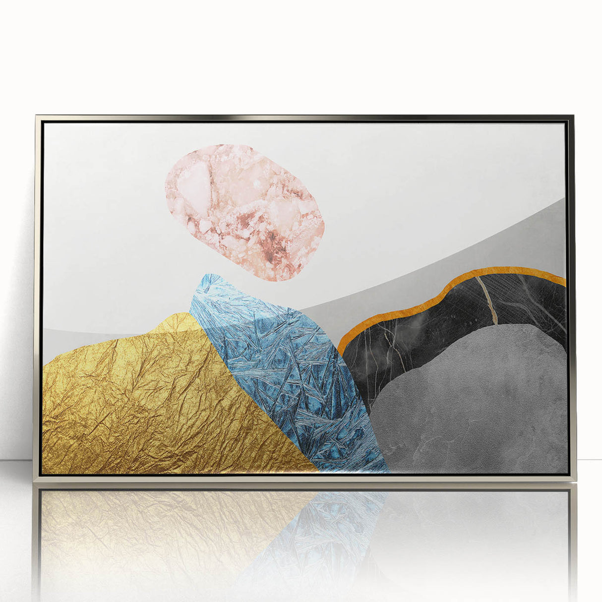 Framed abstract wall art featuring colorful strokes and lines in silver, showcasing a modern design perfect for contemporary decor. This piece adds a vibrant touch to any interior space.