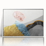 Framed acrylic wall art featuring an abstract design of colorful strokes and lines, set against a sleek white background, perfect for modern home decor.