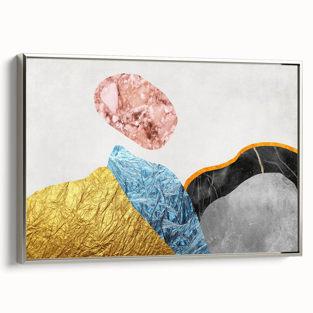 Framed canvas wall art showcasing an abstract design of colorful strokes and lines, featuring a sleek silver frame that enhances modern decor. Perfect for adding a contemporary touch to living spaces or offices.