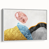Framed canvas wall art featuring an abstract design of colorful strokes and lines against a white background, providing a modern artistic touch to any decor.